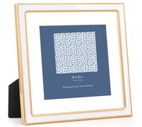 Venusmiles 6x6 Enamel Picture Frame with Mat Display 4x4 Photo, Gold Metal Edge with Easel, Real Glass Photo Frame for Wall and Tabletop Display Family Office Photo Gallery, White Enamel/1pc