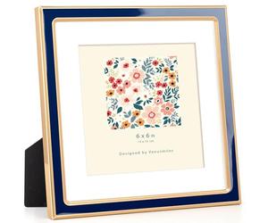 Venusmiles 6x6 Enamel Picture Frame with Mat Display 4x4 Photo, Gold Metal Edge with Easel, Real Glass Photo Frame for Wall and Tabletop Display Family Office Photo Gallery, Navy Blue Enamel/1pc