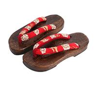 VENYAA Japanese raditional Wooden Clogs Slippers,Flip flop Two-teeth Japanese Traditional Round Toe Unisex Slipper Comfortable Non-slip Flat Shoes indoor and Outdoor Sandals(Size:EU 38,Color:Red+A)