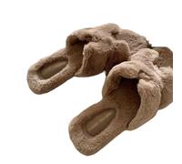 VENYAA Women's Open Toe Slippers Fuzzy Fluffy Square H-shaped Flat Bottom Warm fur Shoes for Women's Outdoor,Casual and Fashionable Open Toe Sandals (Size:EU 38,Color:Khaki)