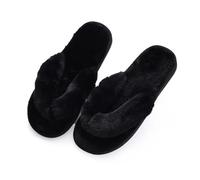 VENYAA Women's Plush Flip flops with Clipped Feet,Faux Fur Open Toe Memory Foam Slipper for Plush Comfortable Warm Non Slip Indoor Outdoor Home(Size:EU 40/41,Color:Black)