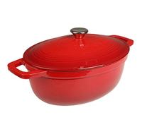 VeoHome Cast Iron Dutch Oven Red Oval 6L with Lid - Thick, Heavy Duty 5.5qt with Attractive Gloss Enamel, Even Heat Retention, Self Circulating, for Fry, Roast, Stew, Bread. Feeds 6-7 People