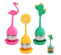 VEOIRXU 3 Pieces Silicone Tea Strainer Tea Filter with Drip Tray Hot Tea Loose Leaf Tea Strainer Silicone Handle Stainless Steel Strainer Tea Infuser (Flamingo + Cactus + Yellow Lemon)