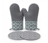 VEOIRXU Silicone Oven Gloves, 1 Pair, Heat Resistant Oven Gloves, Non-Slip Baking Gloves, Washable Cooking Gloves and 2 Pot Holders for Baking, Cooking (Grey Four-Leaf Clover)