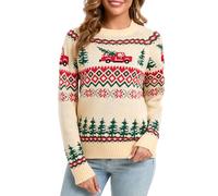 VEOMRI LUKCH Womens Christmas Jumer Trucks Cedar Patterns Knit Thick Sweater Crew Neck Winter Pullover UK Apricot S