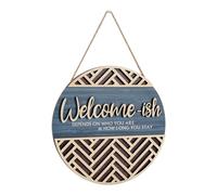 veorly 3D Welcome Hanging Sign Plaque for Front Door Wall Decor, Funny Welcome-Ish Wooden Hanger, Rustic Minimalist Wood 30x30cm