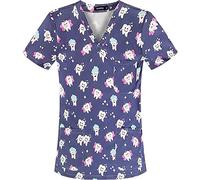 vepoty Clinical Uniform Tooth Print Short Sleeve V-neck Nursing Workwear Comfortable Working Uniform Summer Casual T-shirt