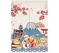 vepoty Japanese Style Doorway Curtain Cherry Blossom Mount Fuji Lucky Cat Half Hanging Curtain for Home Decoration