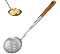 Vepoty Stainless Steel Slotted Skimmer Spoon with Wooden Handle for Draining Frying
