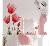 VePret Floral Woman Wall Art - Removable Elegant Girl with Tulips, Self-Adhesive Bohemian Decor for Bedroom, Nursery, Living Room