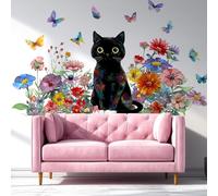 VePret Flowers Black Cat Wall Decals Peel and Stick, Colorful Floral Butterflies Wall Stickers & Murals, Removable Home Decor Art for Bedroom Living Room Classroom Office