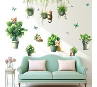 VePret Green Plants Wall Decals Peel and Stick, Cute Cats Butterflies Wall Stickers & Murals, Removable Home Decor Art for Bedroom Living Room Classroom Office