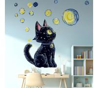 VePret Large Black Cat Wall Decals - Peel and Stick Removable Whimsical Cartoon Cat on Starry Night with Moon, Playful Vinyl Art for Nursery, Kids Room, Bedroom, Living Room & Playroom
