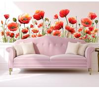 VePret Large Flowers Wall Decals Peel and Stick, Red Floral Poppies Buds Wall Stickers, Removable Watercolor Vinyl Home Decor Art for Bedroom Living Room Classroom Office