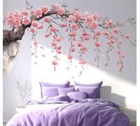 VePret Large Pink Flowers Tree Branch Wall Decals Peel and Stick, Floral Roses Wall Stickers, Removable Vinyl Home Decor Art for Bedroom Living Room Classroom Office