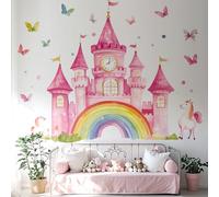 VePret Large Rainbow Castle Wall Decals Peel and Stick, Unicorn Butterflies Wall Stickers, Removable Vinyl Home Decor Art for Girls Bedroom Baby Nursery Daycare
