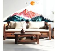 VePret Mountains Landscape Wall Decals Peel and Stick, Large Watercolor Forest Sun Birds Wall Stickers & Murals, Removable Home Decor Art for Bedroom Living Room Classroom Office