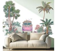 VePret Retro Car Flowers Wall Decals Peel and Stick, Large Tropical Plants Palm Trees Wall Stickers & Murals, Removable Home Decor Art for Bedroom Living Room Classroom Office