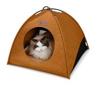 VERABE All-Season Cat Tent for Indoor/Outdoor, Assembly-Free Waterproof Cat House Bed with Removable Cushion, Cozy Cave for Cats & Small Dogs (Medium, Yellow-Brown)