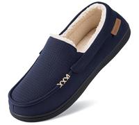 VeraCosy Men's Comfy Suede Memory Foam Moccasin Slippers Warm Sherpa Lining House Shoes with Anti-Skid Rubber Sole Navy,7 UK