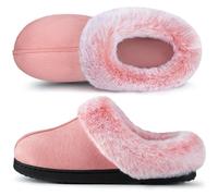 VeraCosy Women's Classic Suede Memory Foam Slippers Anti-Skid Scuff with Warm Faux Fur Collar, Pink, 5/6 UK