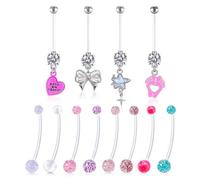 VERAMI 3 Pcs 38mm Pregnancy Belly Button Rings,14G Flexible Bioplast Long Bar Cute Little Feet Belly Rings for Maternity Clear Navel Piercing Retainer, One Size, Plastic Metal, cubic zirconia