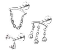 VERAMI 3Pcs 16G Cartilage Earring Stud 316L Labret Jewelry with Chain Dangle Drop Stainless Steel Lip Tragus Earring Internally Threaded Conch Studs Helix Medusa Monroe Earrings Flatback Studs for
