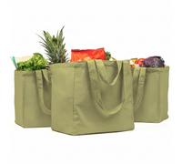 VeraMia Canvas Grocery Bag 3pc XL Set with Real Pockets, Long Shoulder Strap and Short Handle. Heavy Duty, Foldable, Washable, Avocado, XL