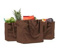 VeraMia Canvas Grocery Bag 3pc XL Set with Real Pockets, Long Shoulder Strap and Short Handle. Heavy Duty, Foldable, Washable, Dark Chocolate, XL