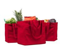 VeraMia Canvas Grocery Bag 3pc XL Set with Real Pockets, Long Shoulder Strap and Short Handle. Heavy Duty, Foldable, Washable, Cranberry, XL