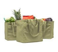 VeraMia Canvas Grocery Bag 3pc XL Set with Real Pockets, Long Shoulder Strap and Short Handle. Heavy Duty, Foldable, Washable, Avocado, XL
