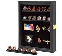 Verani Medals Display Case - Military Challenge Coin Display Shadow Box - Pin Display Cabinet with Removable Shelves and Pinnable Background for Badges Ribbons Insignia Buttons Small Black