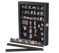 Verani Medals Display Case Wall Frame for Collector, Military Challenge Coins Holder, Pins, Lockable Shadow Box with Removable Shelves Black