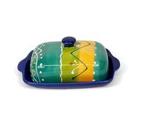 Verano Spanish Ceramics Classic Spanish Hand Painted Butter Dish - Home Kitchen Restaurant Café Dining Table Food Sharing Serving Bread Margarine Dishes - 19cm L x 12cm W (internal 4cm H) Orange/Green