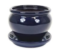 Verano Spanish Ceramics Dipped Blue Hand Painted Outdoor Garden Bola Plant Pot & Drainage Plate (D) 25Cm