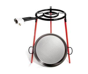 Verano Spanish Ceramics Double Ringed Gas Burner 400mm With 46Cm Polished Steel Paella Pan, Tripod 75Cm (H) & Uk Adaptor