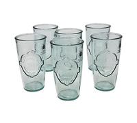 Verano Spanish Ceramics Eco Vintage Set of 6 Glasses & Tumblers - 100% Recycled Glass Decorative Embossed Home Kitchen Dining Décor Water Iced Tea Juice Beverage Drinking Cup Gift - 6 x 400ml Tumblers