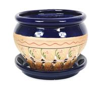 Verano Spanish Ceramics Inca Hand Painted Outdoor Garden Bola Plant Pot & Drainage Plate (D) 25cm in Blue Verano Spanish Ceramics Blue