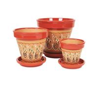 Verano Spanish Ceramics Inca Red Hand Painted Set Of 3 Classic Plant Pots & Drainage Plates (D) 16-29Cm