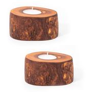 Verano Spanish Ceramics Olive Wood Natural Grained Home Décor Set Of 2 Rustic Tea Light Holders (Diam) 9Cm