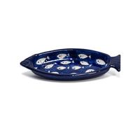 Verano Spanish Ceramics Signature Blue & White Fish Shaped Hand Painted Decorative Appetiser Serving Dishes - Suitable for Home Cooking Kitchen Dining Restaurant Table Decor - 25L x 10cm W White Fish