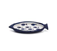 Verano Spanish Ceramics Signature Blue & White Fish Shaped Hand Painted Decorative Appetiser Serving Dishes - Suitable for Home Cooking Kitchen Dining Restaurant Table Decor - 25L x 10cm W, Blue Fish