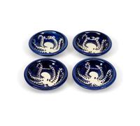 Verano Spanish Ceramics Signature Blue & White Octopus Hand Painted Ceramic Set Of 4 Tapas Bowls (Diam) 10Cm White