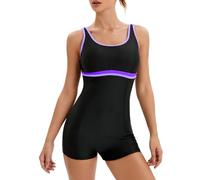 Veranohub Women's Boyleg One Piece Swimsuit Athletic Lap Bathing Suits Conservative Cut(Black/Light Purple,UK14)