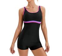 Veranohub Women's Boyleg One Piece Swimsuit Athletic Lap Bathing Suits Conservative Cut (Black/Pink, UK14)