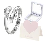 Verazquy Hug Rings with greeting card for Women Engraved Words Sterling Silver Simple Open Adjustable Rings with Hugging Hands,Eternal Love Jewelry Gift for Mother Daughter Sister Birthday Friendship