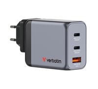 Verbatim GNC-65 GaN Wall Charger, 3-Port, UK/US/EU Compatible, 2X USB-C 65w PD 3