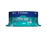 Verbatim 43639 4.7GB DVD-RW - Spindle 25 Pack | Rewritable DVD-RW 4.7GB with Hardcoat Scratch Guard and 4x Burning Speed in Pack of 25