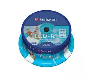 Verbatim CD-R AZO Wide Inkjet Printable. Type: CD-R CD storage capacity: 700 MB Quantity per pack: 25 pc(s). CD write speed: 52x. Package width: 138 mm Package depth: 138 mm Package height: 56 mm