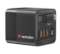 Verbatim GaN Charger 65W 2 Port retractable cable display US plugs with EU and UK adaptors